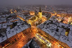 Lwow Prints: Lviv in winter time. Picturesque evening view on city center from top of town hall