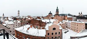 Lwow Prints: Lviv in winter time. Picturesque view on Lviv city center from top of old roof