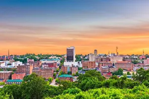 Lynchburg, Virginia, USA downtown city skyline at dusk