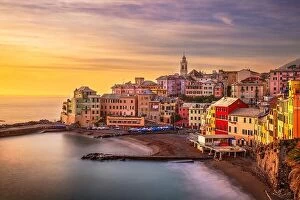 Images Dated 30th December 2021: Maa Beach in Bogliasco, Genoa, Italy skyline on the Mediterranean sea at sunset