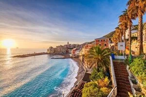 Images Dated 30th December 2021: Maa Beach in Bogliasco, Genoa, Italy skyline on the Mediterranean sea at sunset