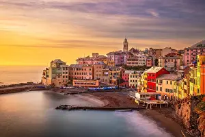Maa Beach in Bogliasco, Genoa, Italy skyline on the Mediterranean sea at sunset