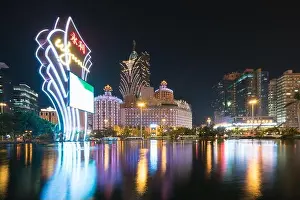 Macau, China - October 14, 2017: Night view of Macau (Macao). The Grand Lisboa is the tallest building in Macau (Macao) and the most distinctive part