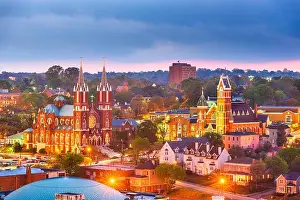 Macon Prints: Macon, Georgia, USA historic downtown churches at dusk