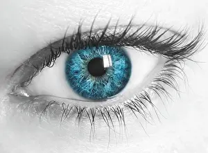 Skin Prints: macro image of human eye with blue iris and desaturated skin. Close-up view