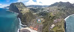 Madeira Island Prints: Madeira Island Portugal - 04 19 2023: Panoramic aerial drone view at the Faial village