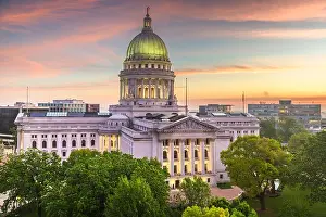 Statehouse Prints: Madison, Wisconsin, USA cityscape over the state capitol building at twilight