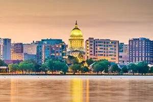 Statehouse Prints: Madison, Wisconsin, USA downtown skyline at dusk on Lake Monona