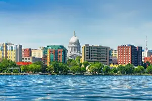 Madison, Wisconsin, USA downtown skyline on Lake Monona in the daytime