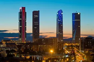 Madrid cityscape at night. Landscape of Madrid business building at Four Tower. Modern high building in business district area at Spain