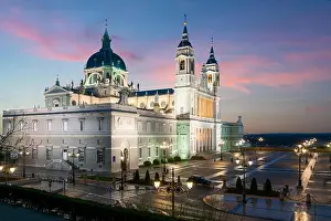 Madrid landmark at night. Landscape of Santa Maria la Real de La Almudena Cathedral and the Royal Palace. Beautiful skyline at Madrid, Spain
