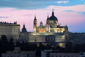 Madrid landmark at night. Landscape of Santa Maria la Real de La Almudena Cathedral and the Royal Palace. Beautiful skyline at Madrid, Spain