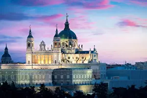 Madrid landmark at night. Landscape of Santa Maria la Real de La Almudena Cathedral and the Royal Palace. Beautiful skyline at Madrid, Spain