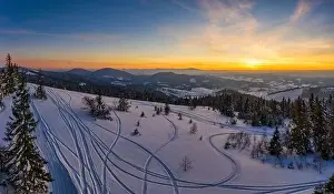 Magical winter panorama of beautiful snowy slopes