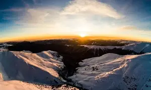Hill Glacier Prints: Magical winter panorama of beautiful snowy slopes at a ski resort in Europe on a sunny