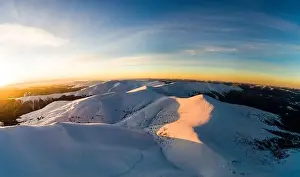 Hill Glacier Prints: Magical winter panorama of beautiful snowy slopes at a ski resort in Europe on a sunny