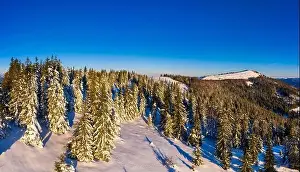 Wintersport Prints: Magical winter panorama of beautiful snowy slopes at a ski resort in Europe on a sunny