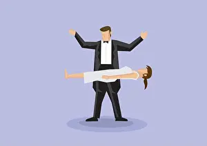 Tuxedo Prints: Magician wearing black bow tie and tuxedo performing magic tricks making a woman float in mid air
