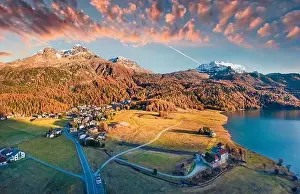 Magnificent evening view from flying drone of Silvaplana village