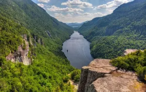 A magnificent view of Lower Ausable Lake from the Indian Head Lookout in the high peaks region of the Adirondack Mountains of NY