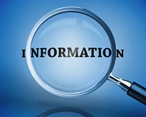 Blue Background Prints: Magnifying glass showing information word