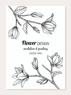 Magnolia Prints: Magnolia flower frame drawing illustration for invitation and greeting card design
