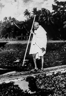 Two Persons Prints: Mahatma Gandhi walking in noakhali, west bengal, India, Asia, NO MR, 1946, Asia