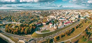 Mahiliou, Belarus. Mogilev Cityscape With Famous Landmark - 17th-century Town Hall. Aerial View Of Skyline In Autumn Day. Bird's-eye View. Panorama, P