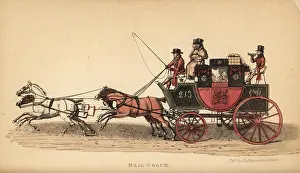 Henry Prints: Mail coach with four horses, coachman and armed guards in the king's scarlet livery