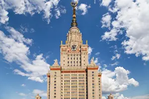 Ussr Prints: The Main building of Lomonosov Moscow State University on Sparrow Hills (on the background of the sky with clouds)