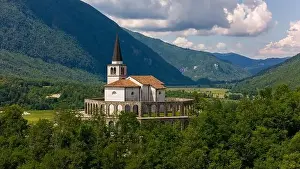 Soca Valley Prints: Majestic Aerial Drone View of The Italian Charnel House in Kobarid, Slovenia