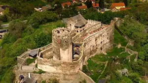 Silesia Prints: Majestic Bolkow Castle stands proudly in Lower Silesia, Poland, captured by drone