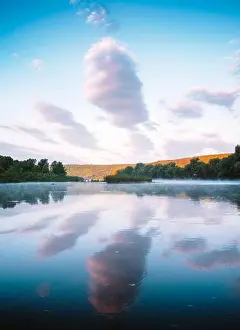 Dnister Prints: Majestic foggy river and lush autumn forest at sunrise time