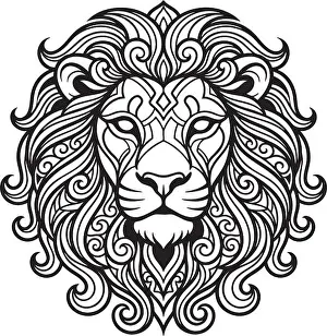 Mane Prints: Majestic lion head illustration featuring intricate swirling mane patterns
