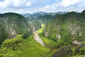 View Mountain Prints: the majestic scenery on Ngo Dong river in Tam Coc Bich Dong view from the mountain top in Ninh Binh province of Viet