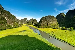 View Mountain Prints: the majestic scenery on Ngo Dong river in Tam Coc Bich Dong view from the mountain top in Ninh Binh province of Viet