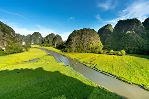 View Mountain Prints: the majestic scenery on Ngo Dong river in Tam Coc Bich Dong view from the mountain top in Ninh Binh province of Viet
