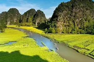 View Mountain Prints: the majestic scenery on Ngo Dong river in Tam Coc Bich Dong view from the mountain top in Ninh Binh province of Viet