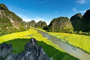 View Mountain Prints: the majestic scenery on Ngo Dong river in Tam Coc Bich Dong view from the mountain top in Ninh Binh province of Viet