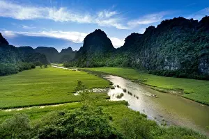 View Mountain Prints: the majestic scenery on Ngo Dong river in Tam Coc Bich Dong view from the mountain top in Ninh Binh province of Viet