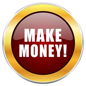 Make money red web icon with golden border isolated on white background. Round glossy button