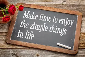 Things Prints: Make time to enjoy the simple things inspirational advice - white chalk text on a vintage slate blackboard with red