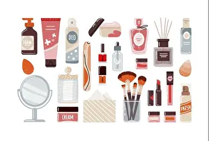 Lotion Prints: Makeup cosmetics in flat style top view on white background.Vector illustration