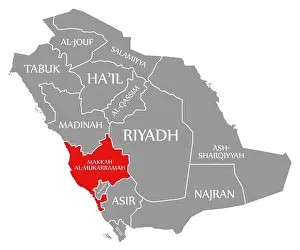 Counties Prints: Makkah Al-Mukarramah red highlighted in map of Saudi Arabia