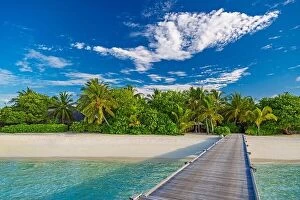 Images Dated 11th December 2015: Maldives island beach. Tropical landscape of summer scenery, sea sand sky over jetty pier