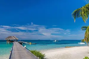 Maldives island beach. Tropical landscape of summer scenery, sea sand sky over jetty pier. Luxury travel vacation destination. Exotic beach landscape