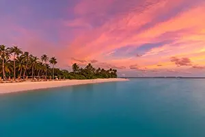 Maldives island beach. Tropical landscape of summer scenery, white sand with palm trees. Luxury travel vacation destination. Amazing beach landscape
