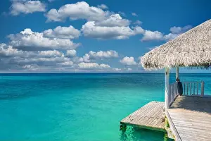 Maldives paradise scenery. Tropical aerial landscape, seascape wooden pier, water villas with amazing sea and lagoon beach, tropical nature