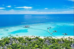 Maldives paradise scenery. Tropical aerial landscape, seascape with long jetty water villas with amazing sea and lagoon beach, tropical nature. Exotic