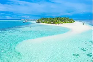 Maldives paradise scenery. Tropical aerial landscape, seascape, water villas amazing sea and lagoon beach tropical nature. Exotic vacation destination